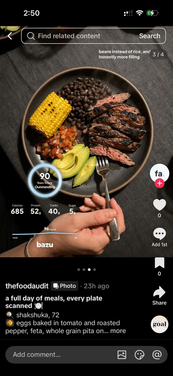 A steak, black bean and corn plate scoring 90, posted on TikTok