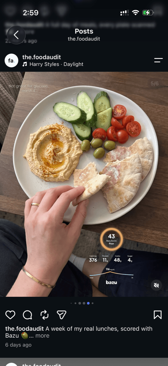 A hummus and pita plate scoring 43, posted on Instagram