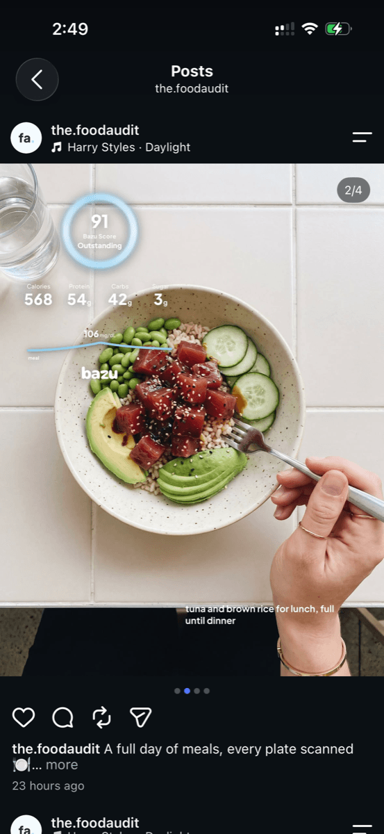 A tuna poke bowl scoring 91, posted on Instagram