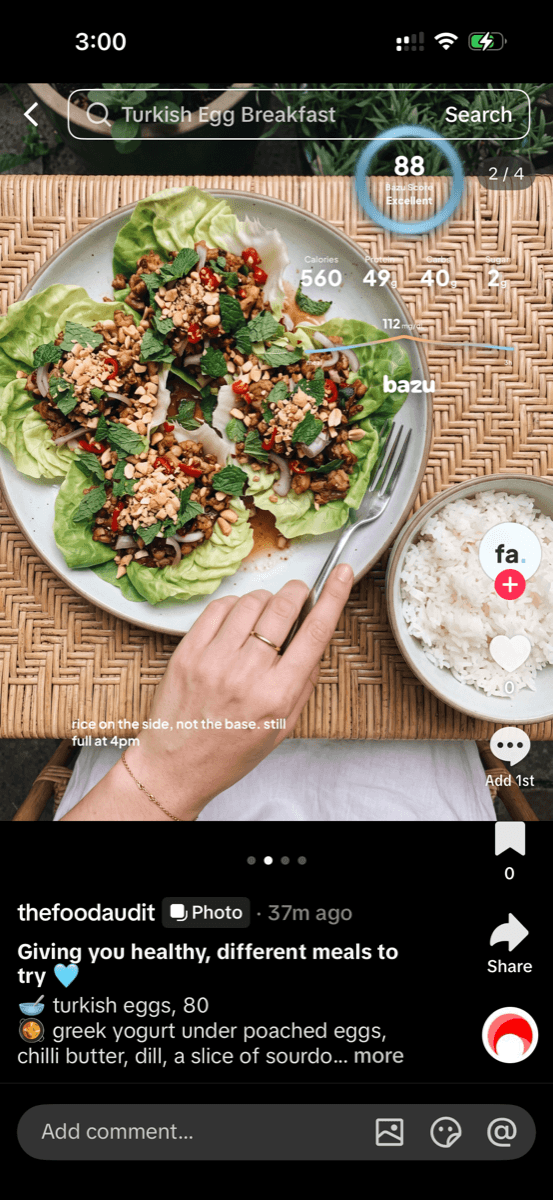 Chicken lettuce cups with rice on the side scoring 88, posted on TikTok