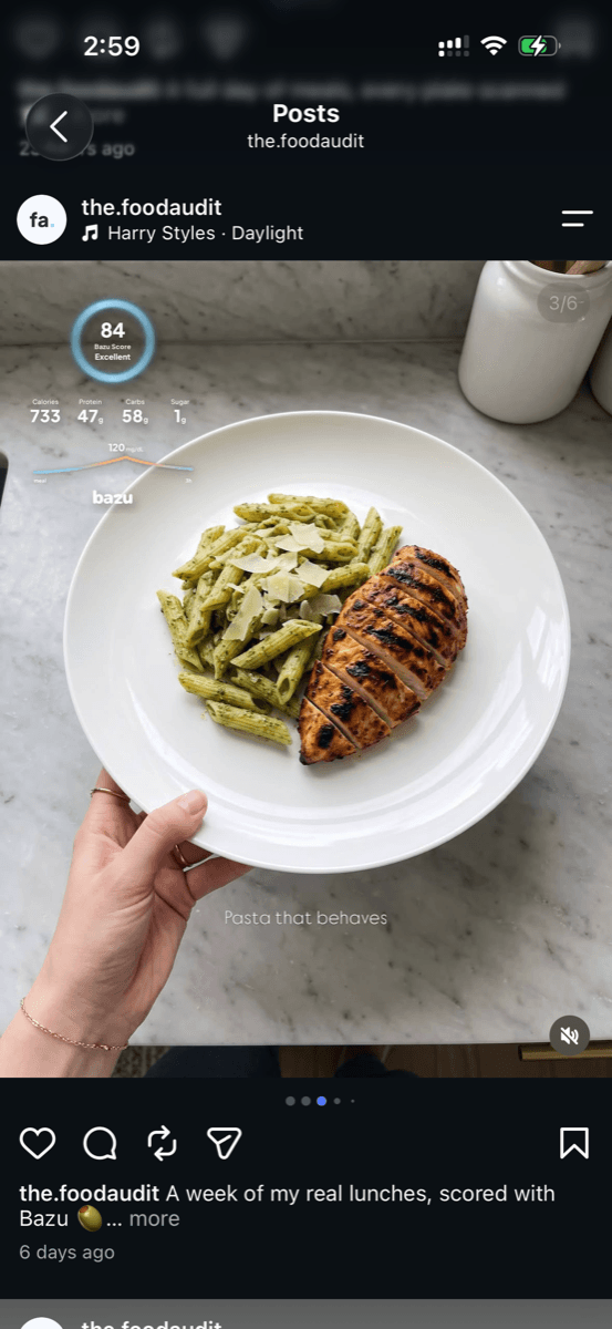 Pesto pasta with grilled chicken scoring 84, posted on Instagram