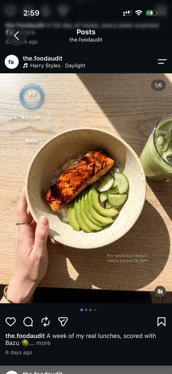 A glazed salmon and rice bowl scoring 80, posted on Instagram