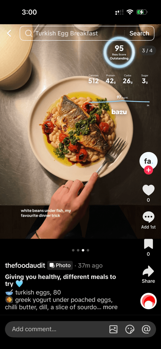 Sea bass over white beans scoring 95, posted on TikTok