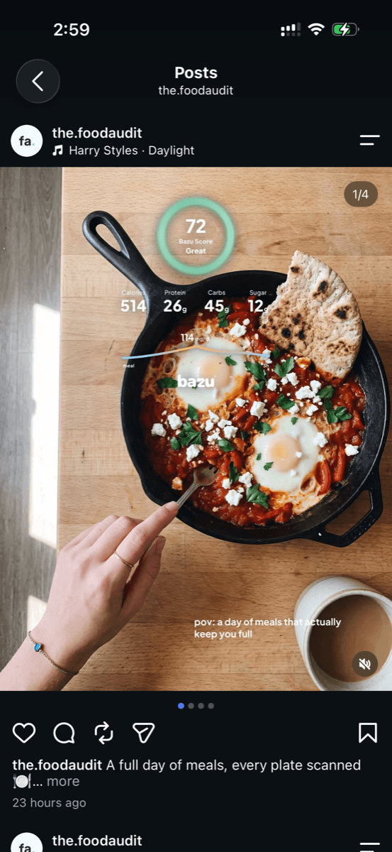 A shakshuka skillet scoring 72, posted on Instagram