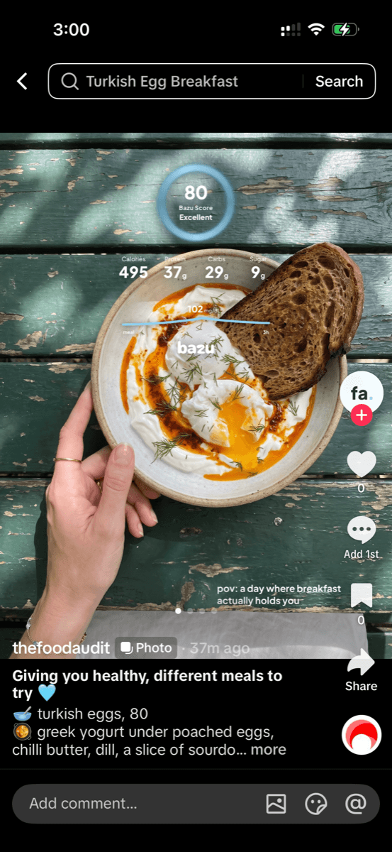 Turkish eggs with sourdough scoring 80, posted on TikTok
